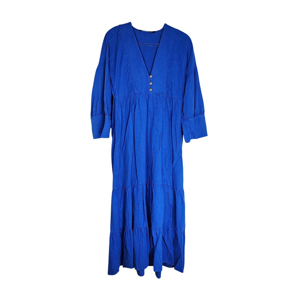 Zara Womens Linen Blend Maxi Dress Tiered Peasant Flowy Boho Wedding Small Coast